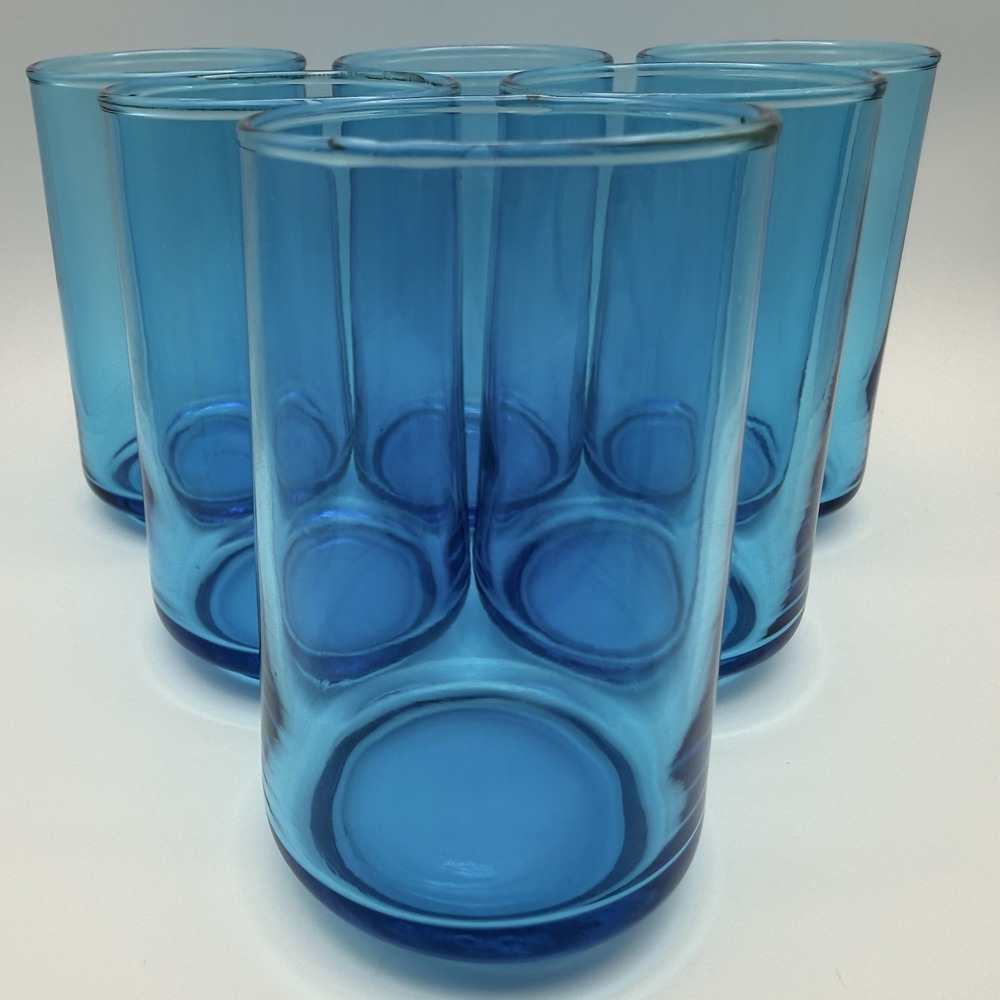 Vintage Set of 6 Aqua Blue Glass Juice Tumblers 5oz Beverage Glasses Mid Century